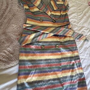VINTAGE Striped Multicolor Double-Breasted SILK Dress
